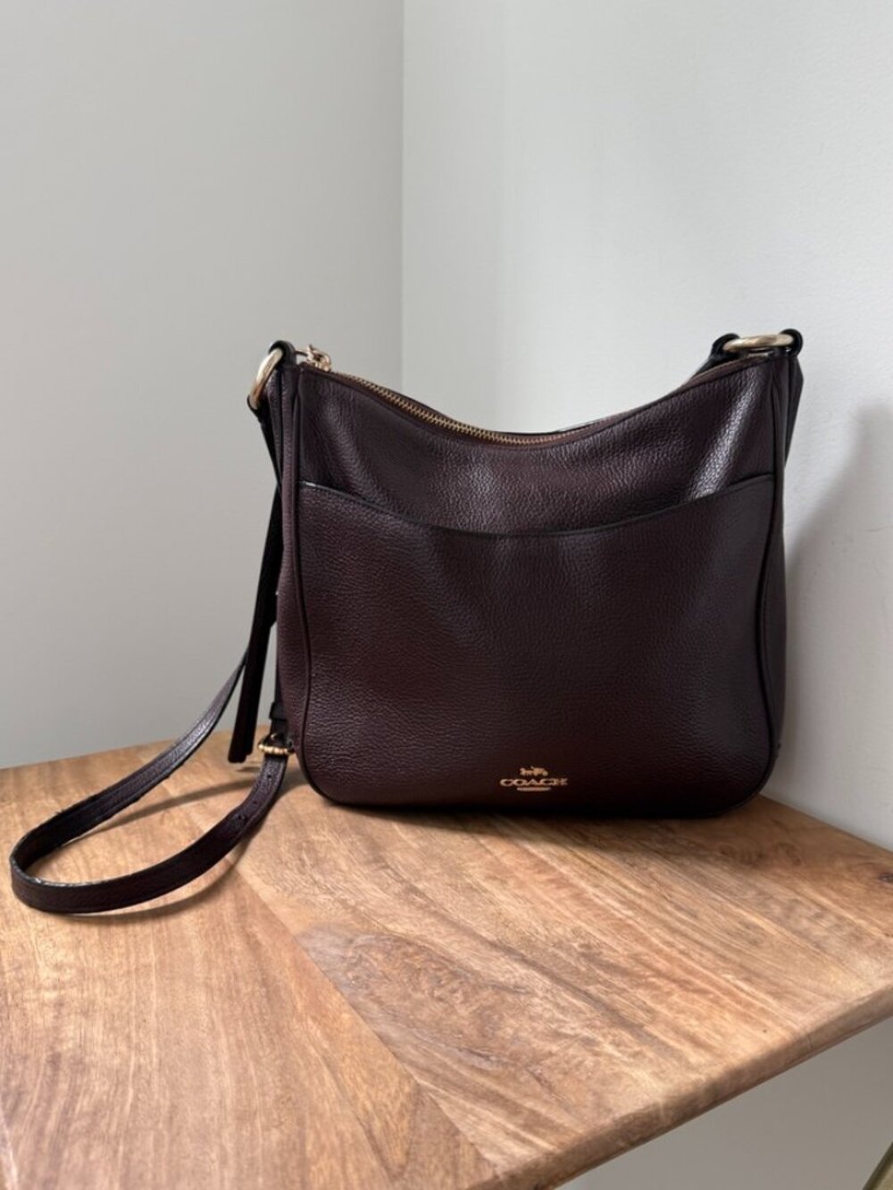 COACH Chaise Crossbody Bag Polished Pebble Leather Oxblood Deep Berry Gold